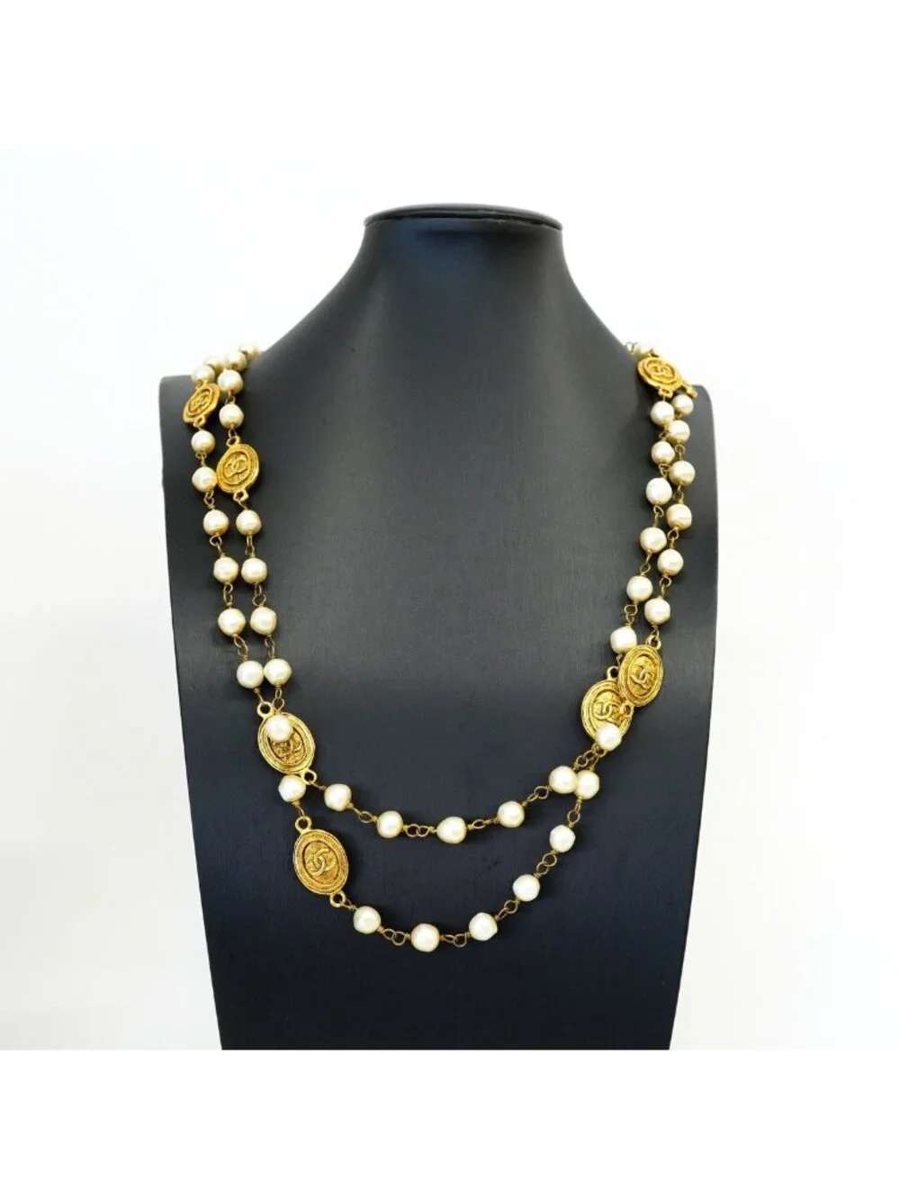 Chanel Necklace Vintage CC Logo Gold Plated Faux Pearl